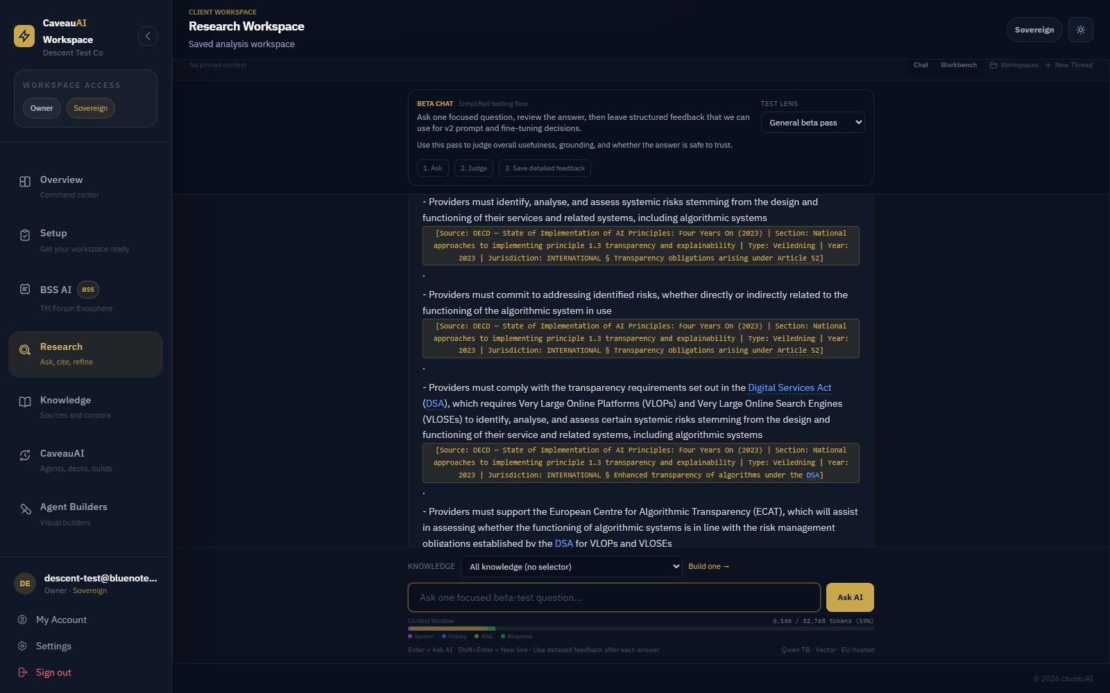 caveauAI chat interface showing source-cited document answers